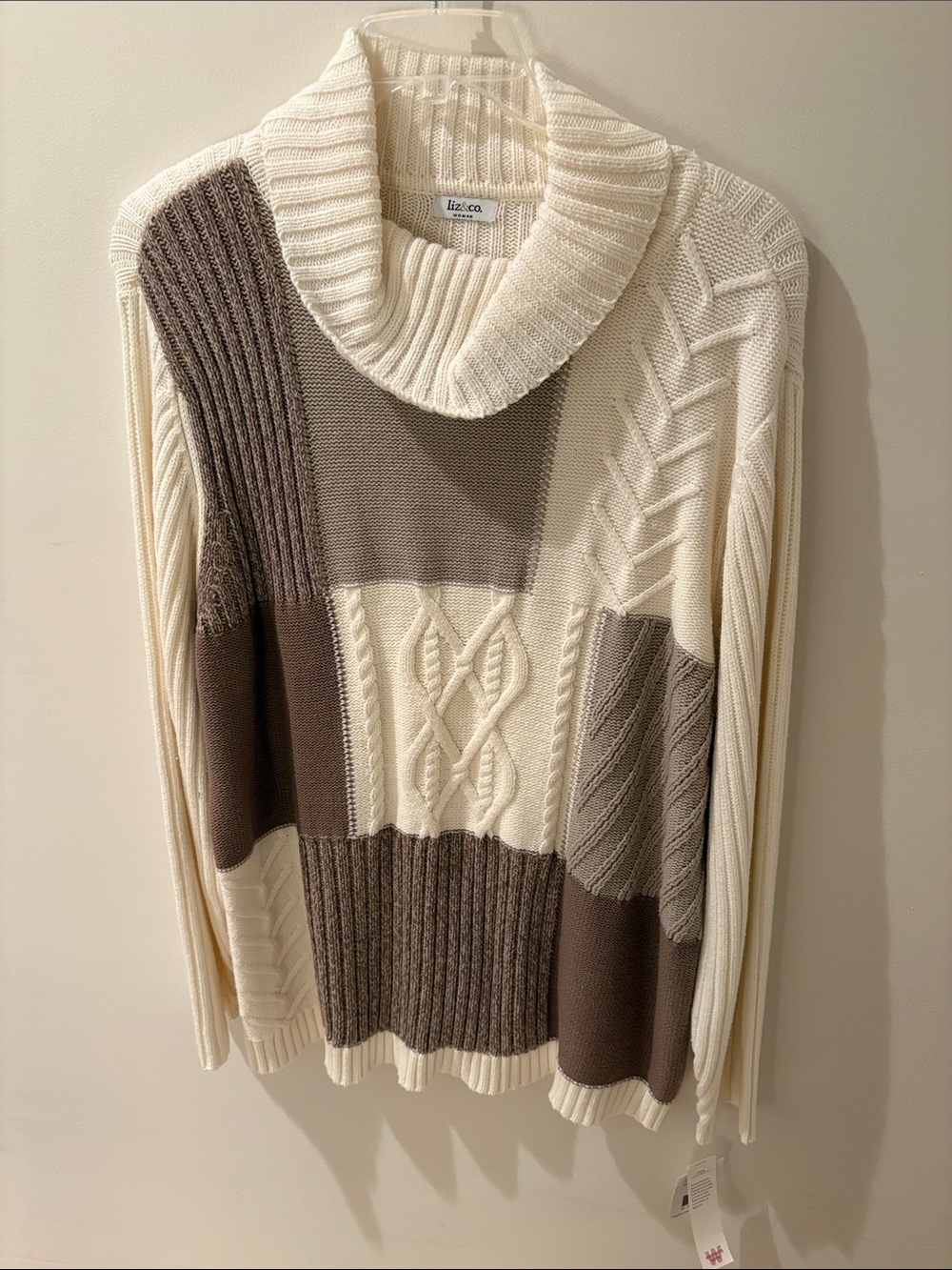 liz & co. Cream and Taupe Patchwork Cable Cowl Sweater
